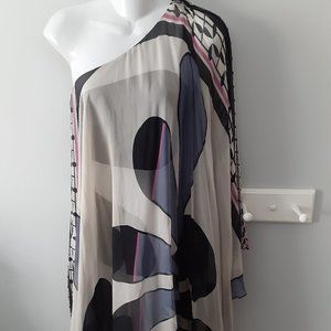 ANALILI SILK DRESS.ONE SHOULDER, BODYCON UNDER DRESS.FIERCE FLOWY. SIZE MED.